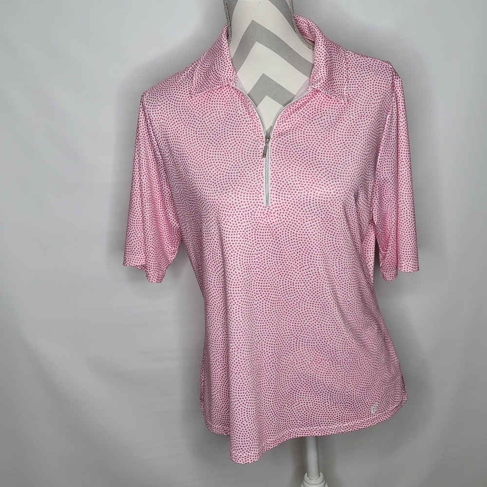 Womans GG Blue Lux Sport Pink Polka Dots Zip neck Golf Shirt Short Sleeve Size L - Picture 2 of 9